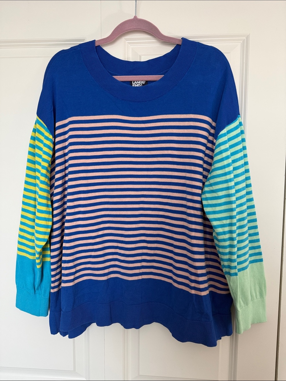 Lands' End Multicolor Striped Crewneck Sweater — Blue, Pink, Aqua, Lime